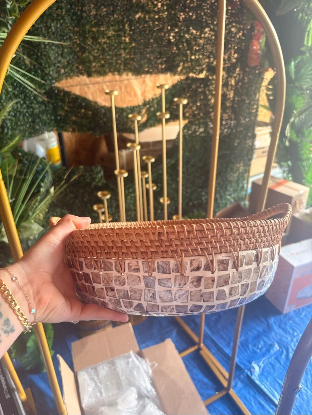Woven Rattan and Stone Mosaic Decorative Basket - Brown